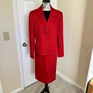 Kasper Red 2PC Skirt Suit Set Textured Blazer Pencil Skirt Size 16
